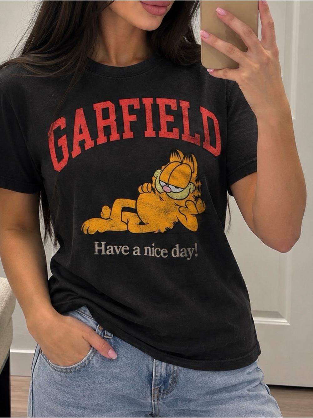 Garfield Graphic Cat T-Shirt - Black with Orange Print